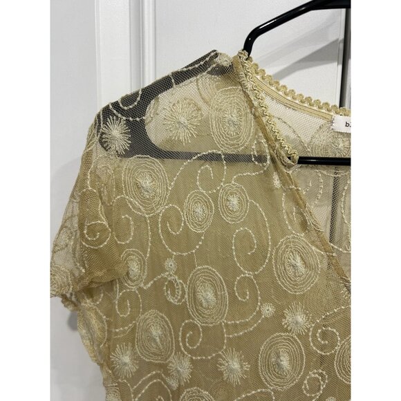Blue Bird Sheer Beige Embroidered Lace Tunic Top V Neck Short Sleeves Size L - Picture 5 of 11